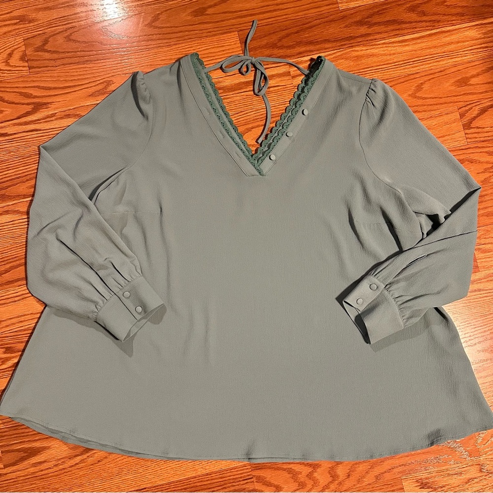 ModCloth V-Neck Crepe Teal Long Sleeve Blouse 2X